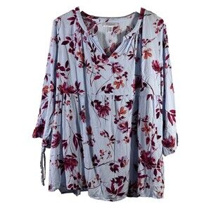 Motherhood Maternity Blouse White & Blue Floral Print V Neck Size 1X